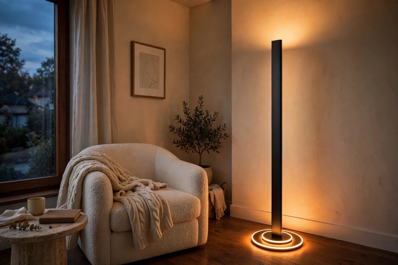 Govee Floor Lamp 3 with LuminBlend glow in a cozy living room corner, warm ambient lighting