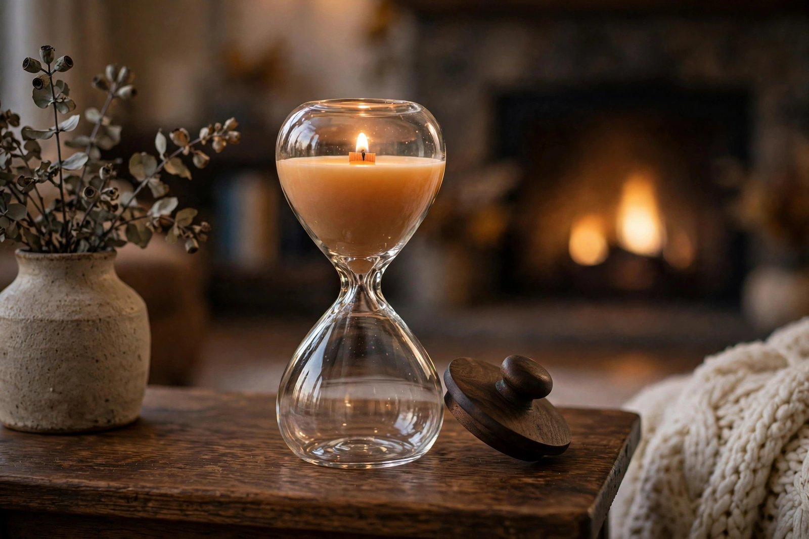 Lit WoodWick Fireside hourglass candle glowing beside a ceramic vase of dried eucalyptus in a cozy fall living room