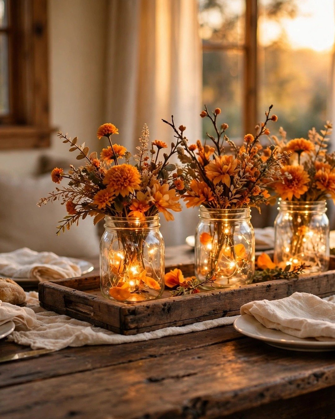 DUOER mason jar centerpiece with wood tray styled on a Thanksgiving dining table