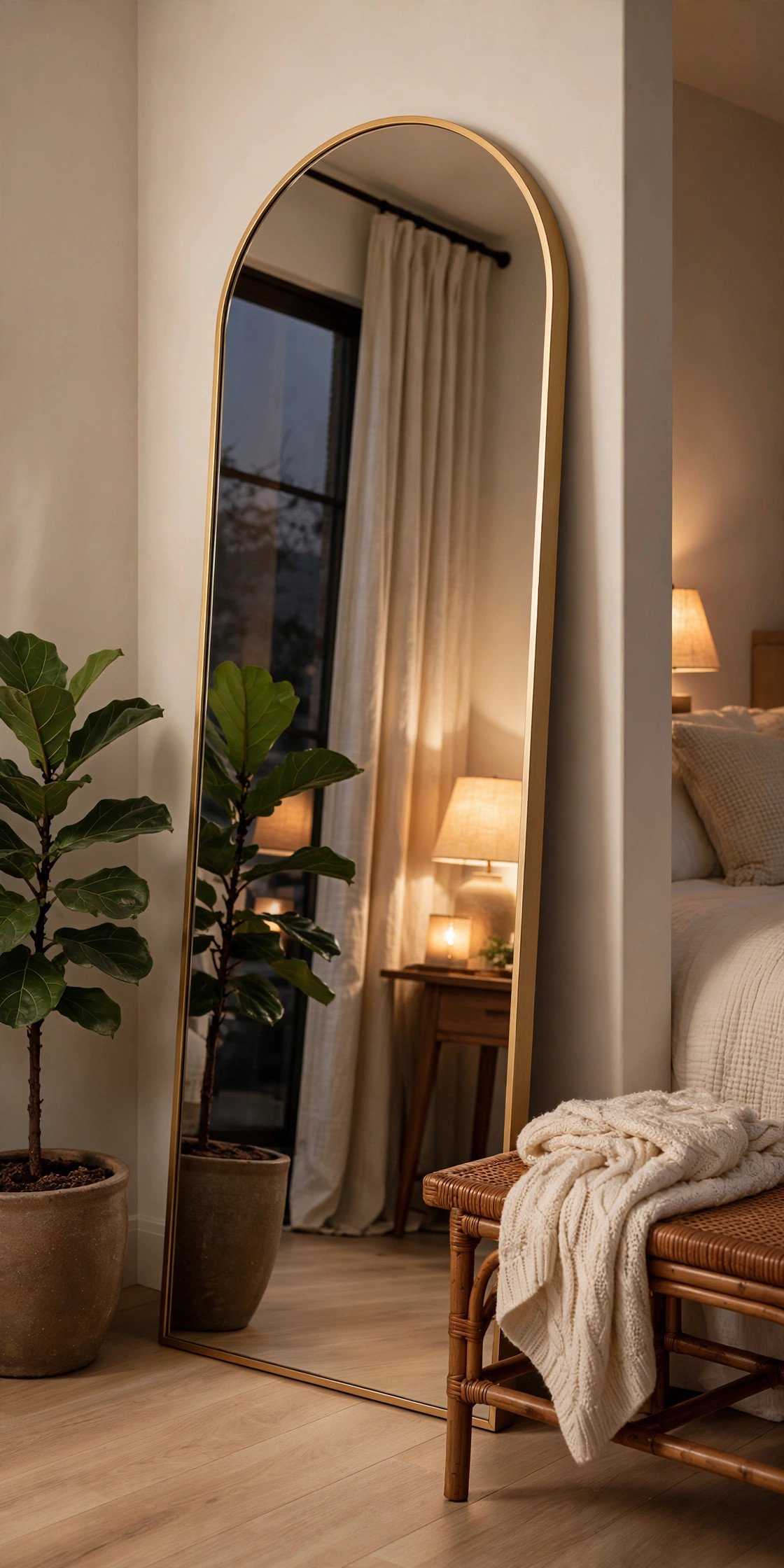 Gold arch mirror styled in a cozy bedroom corner with fiddle-leaf fig plant and knit throw