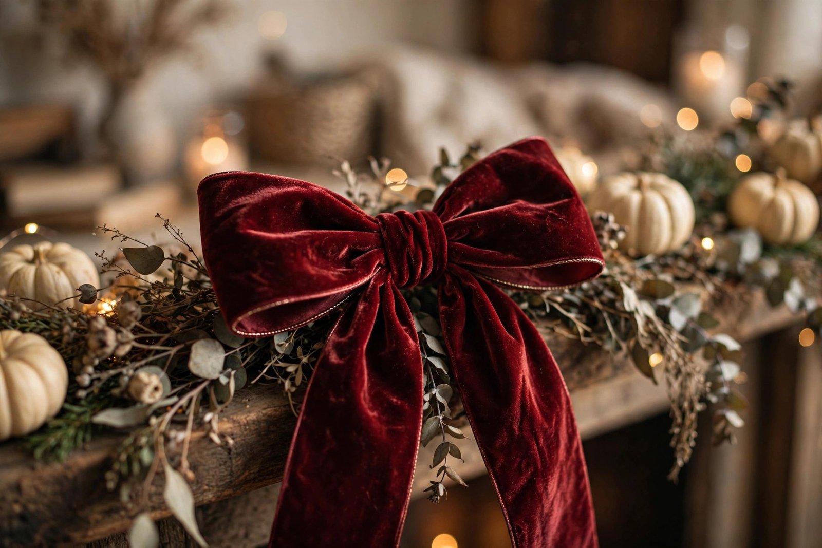 Burgundy velvet wired ribbon tied in a bow on a fall mantel
