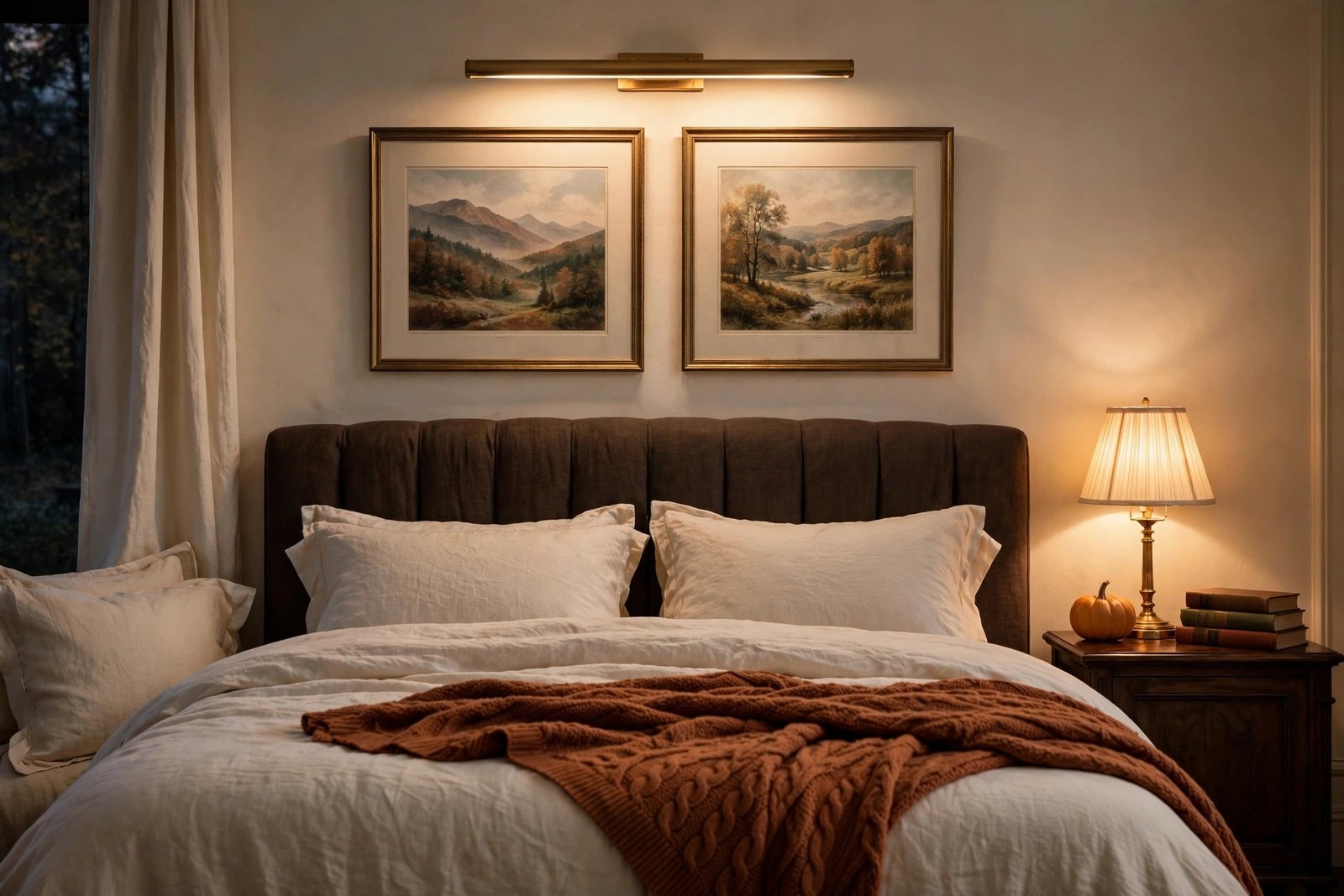 EZVALO rechargeable picture light glowing above framed art in a cozy fall bedroom