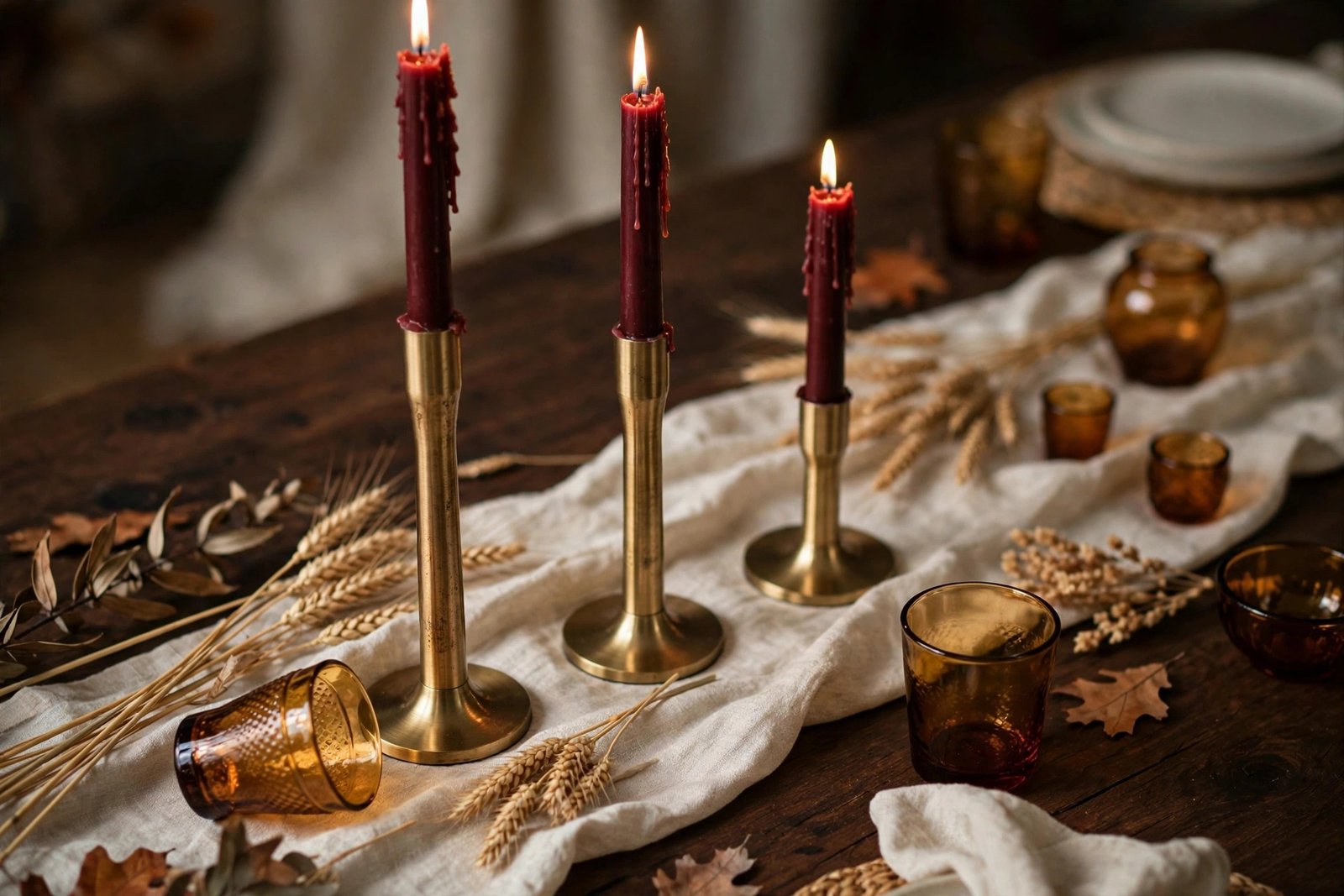 NUPTIO brushed-brass taper holders with lit burgundy taper candles styled on a fall dining table