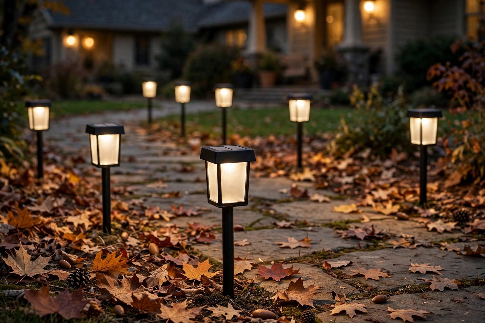 Warm-white solar pathway lights glowing along a fall garden walkway at dusk
