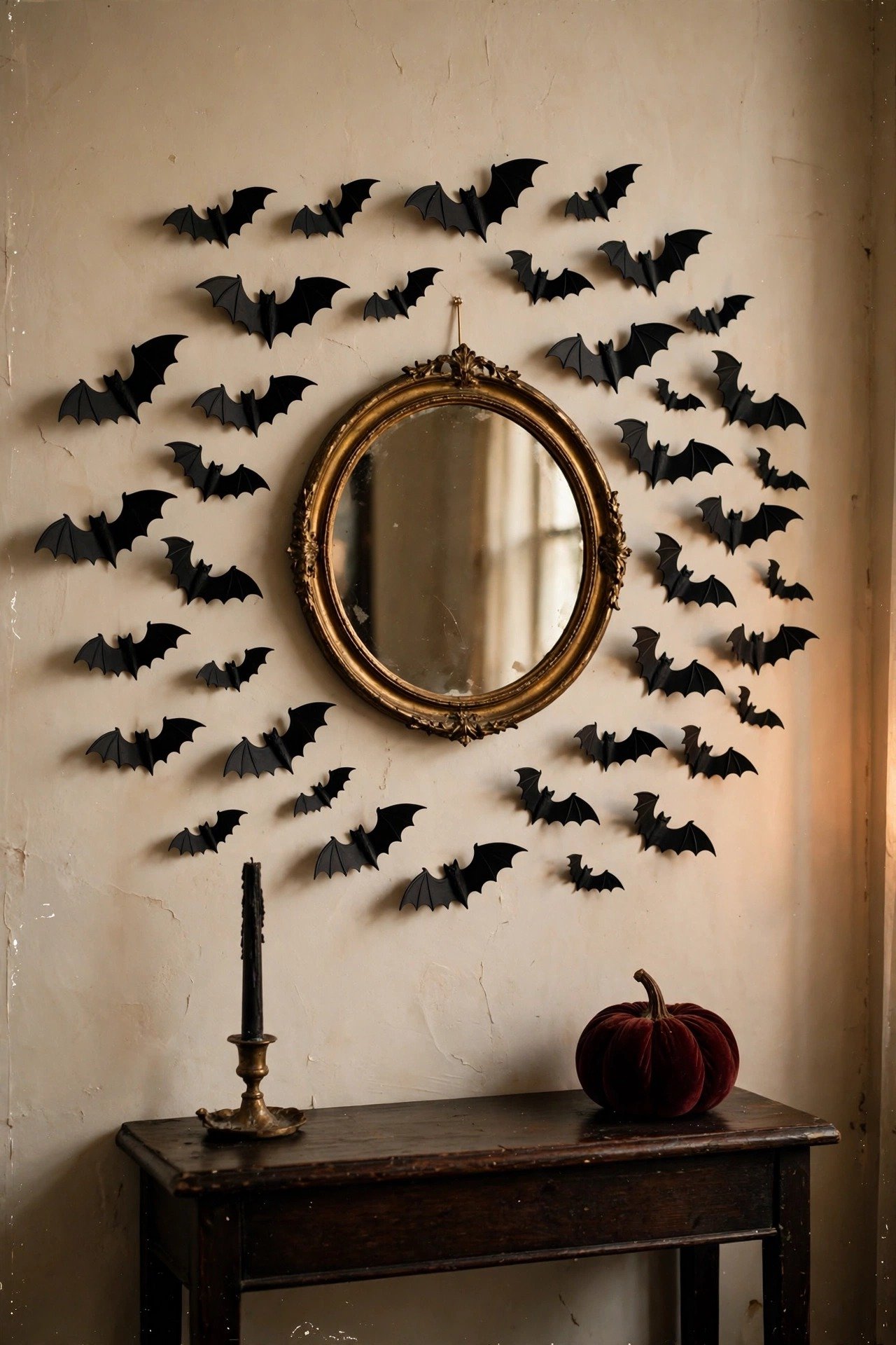 Black 3D bat wall decals swarming up from a styled Halloween mantel