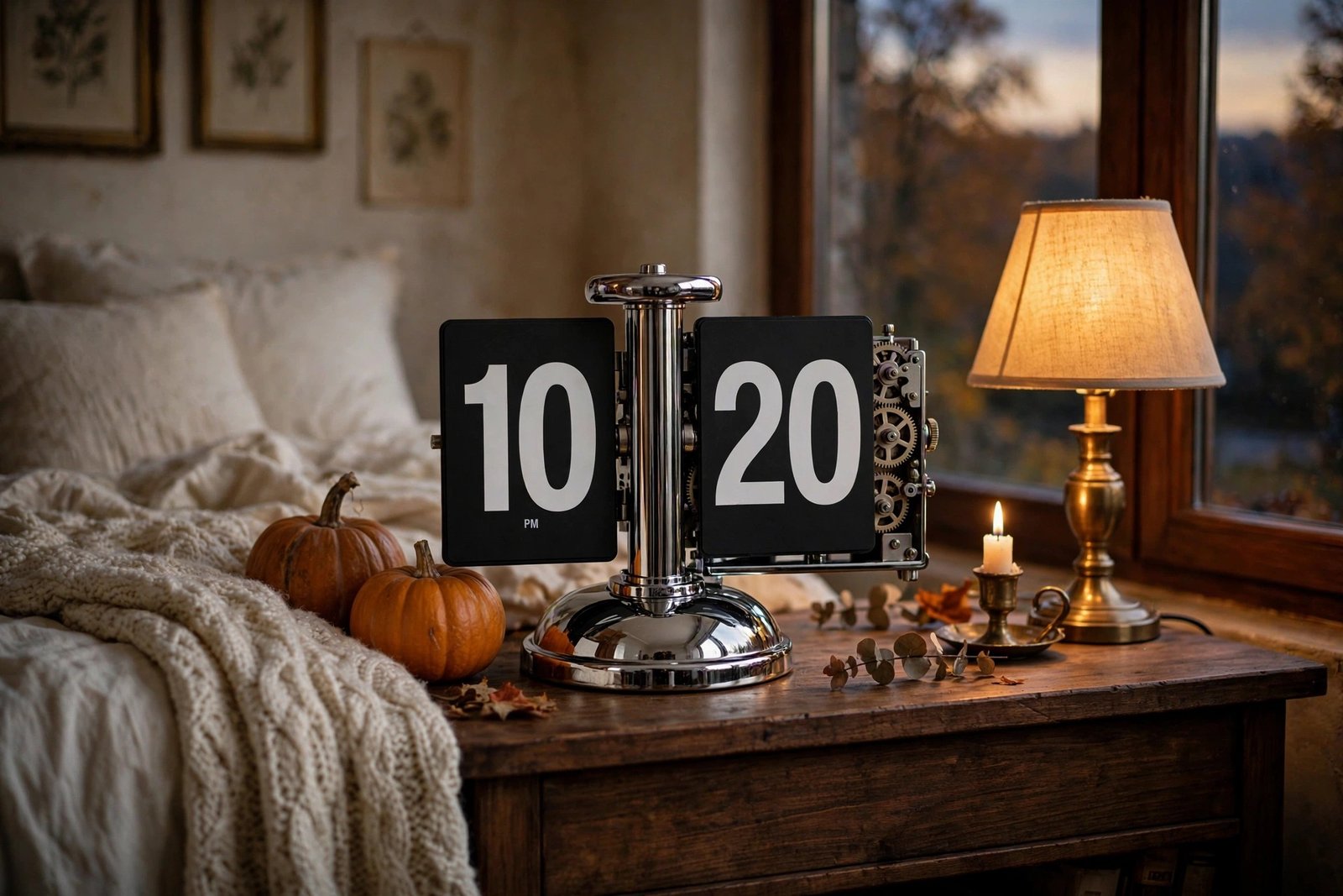 Betus flip clock on a nightstand in a cozy fall bedroom