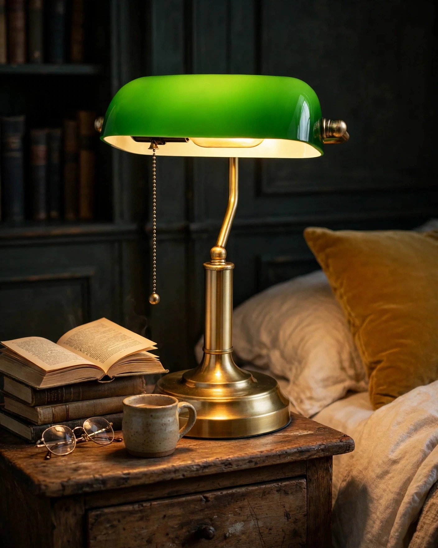 TORCHSTAR green glass banker's lamp glowing on a wooden nightstand beside books and a cozy reading nook