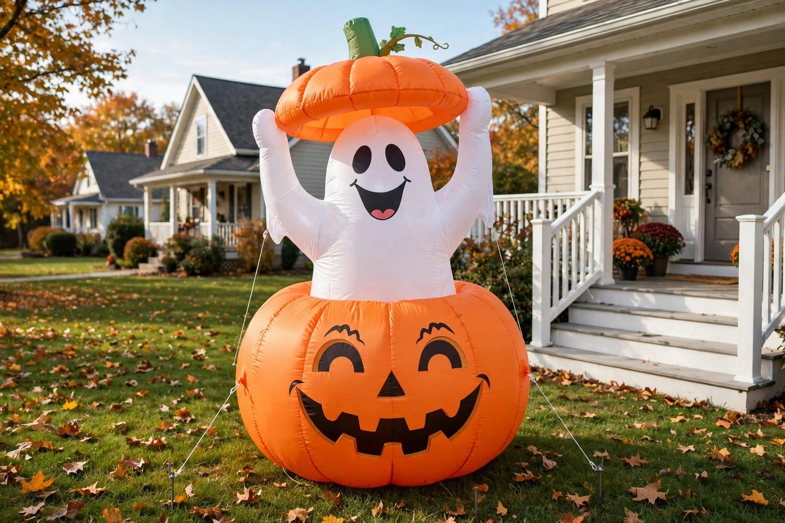 Joiedomi inflatable ghost in pumpkin glowing on a front lawn at dusk