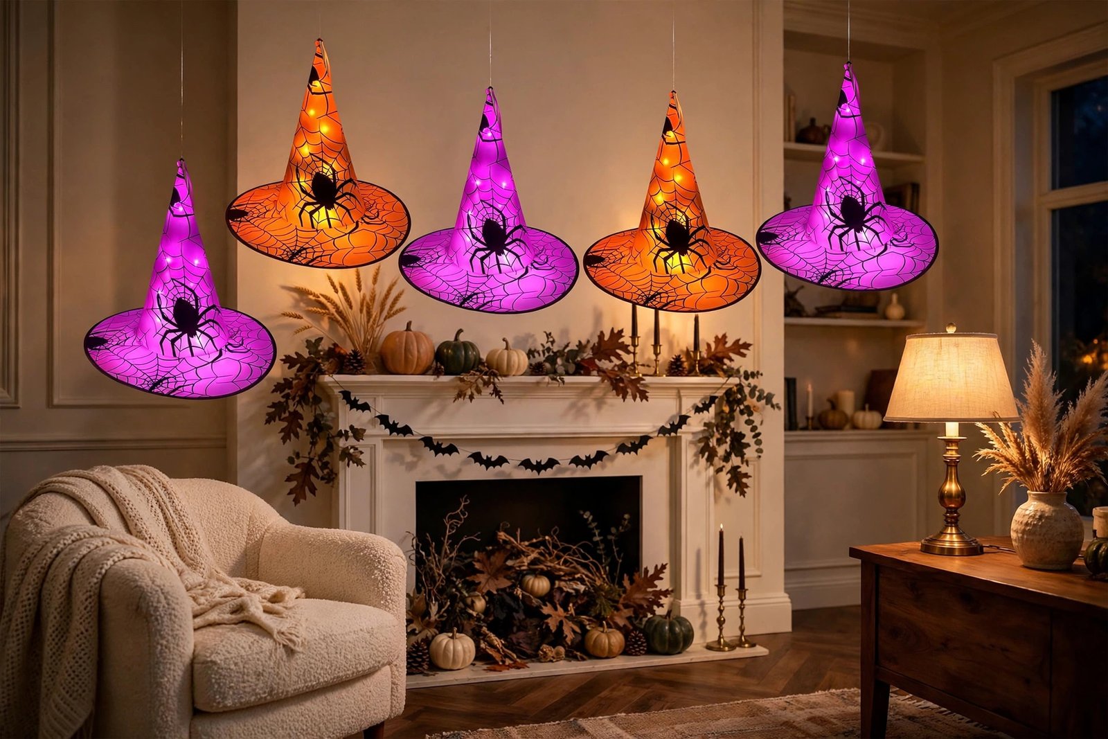 Floating witch hats glowing above a Halloween fireplace mantel