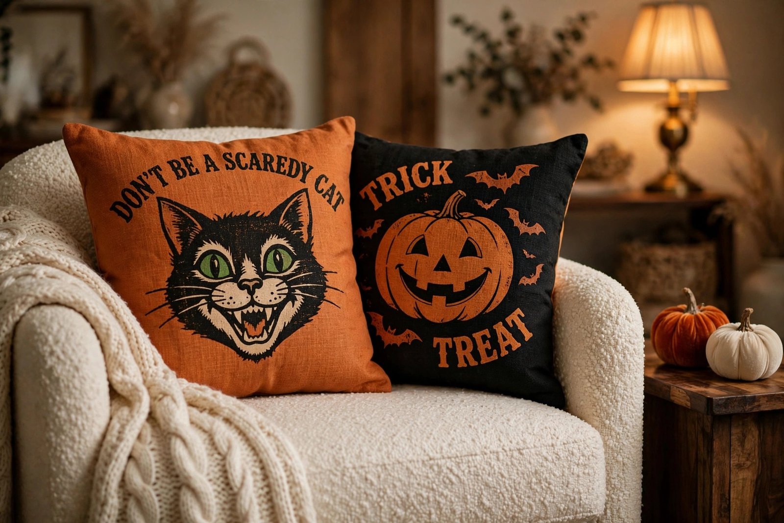 Vintage Halloween pillow covers styled on a boucle armchair with velvet pumpkins