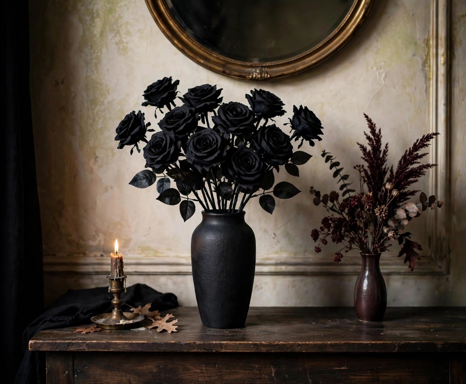 Laelfe black artificial roses in a matte-black vase on a dark-academia console with mirror and candle — halloween dining room decor idea