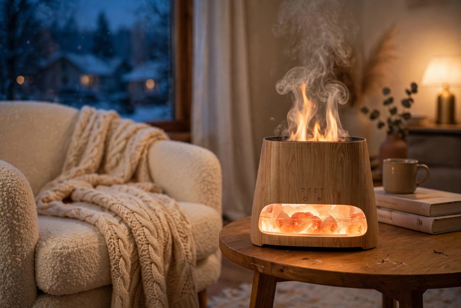 SALKING flame diffuser with salt lamp glow on a side table in a cozy winter living room