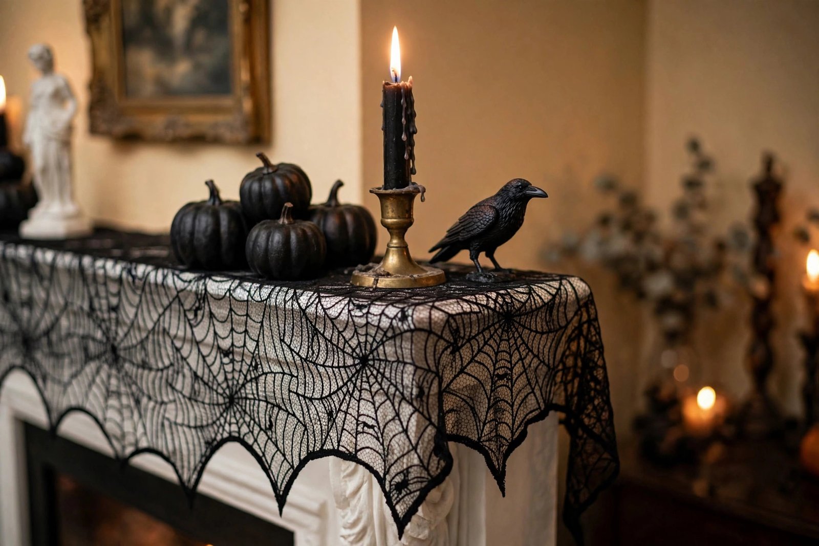 Black spiderweb lace mantel scarf with scalloped edge styled with black pumpkins, a brass candlestick and a raven figurine