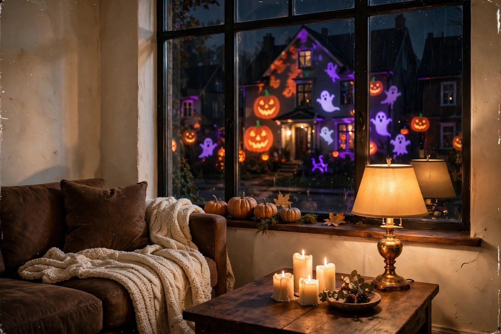 Cozy living room at night with a window view of the house across the street glowing with Halloween projections