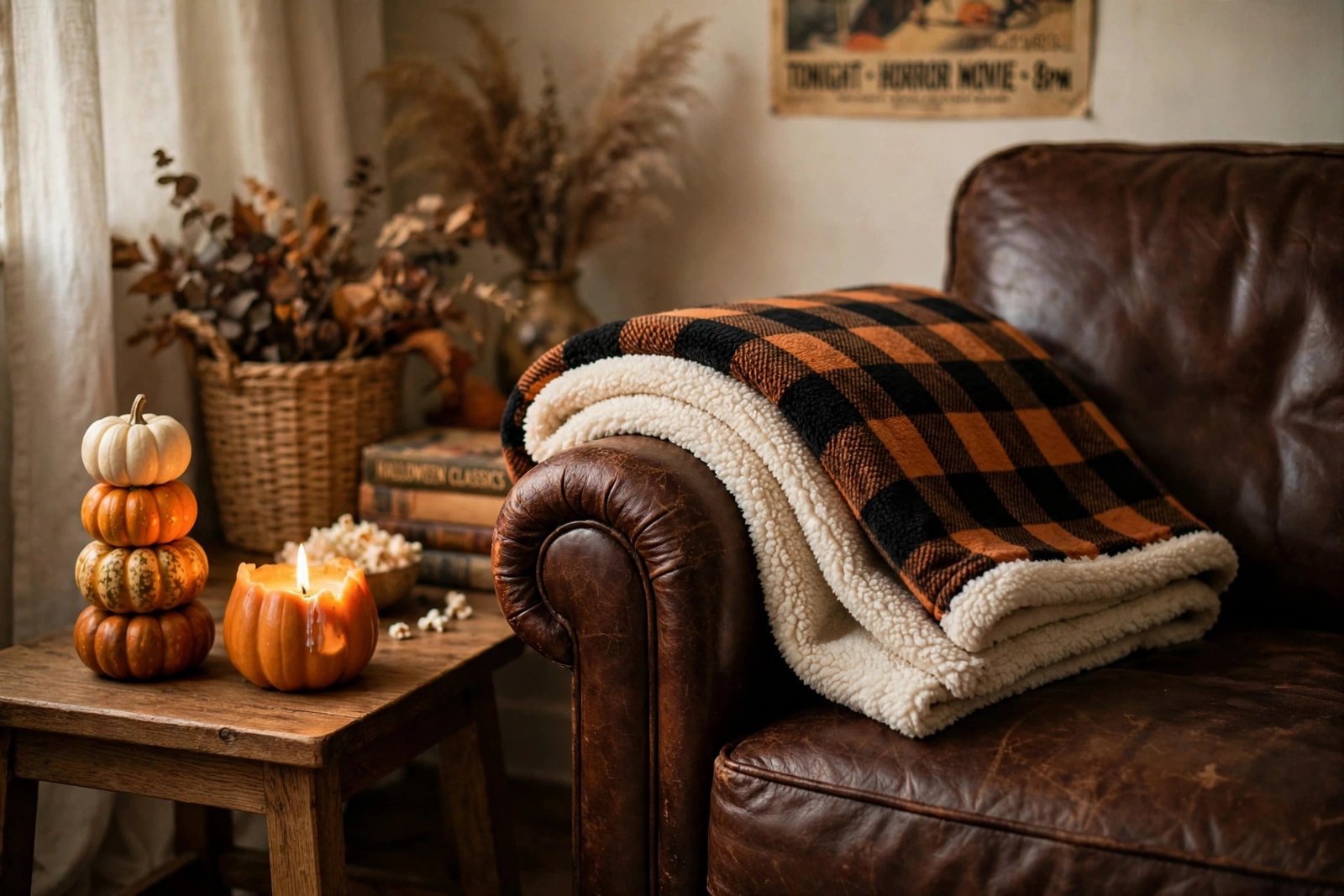 Black and orange buffalo plaid sherpa throw blanket folded over a leather armchair in a cozy Halloween living room