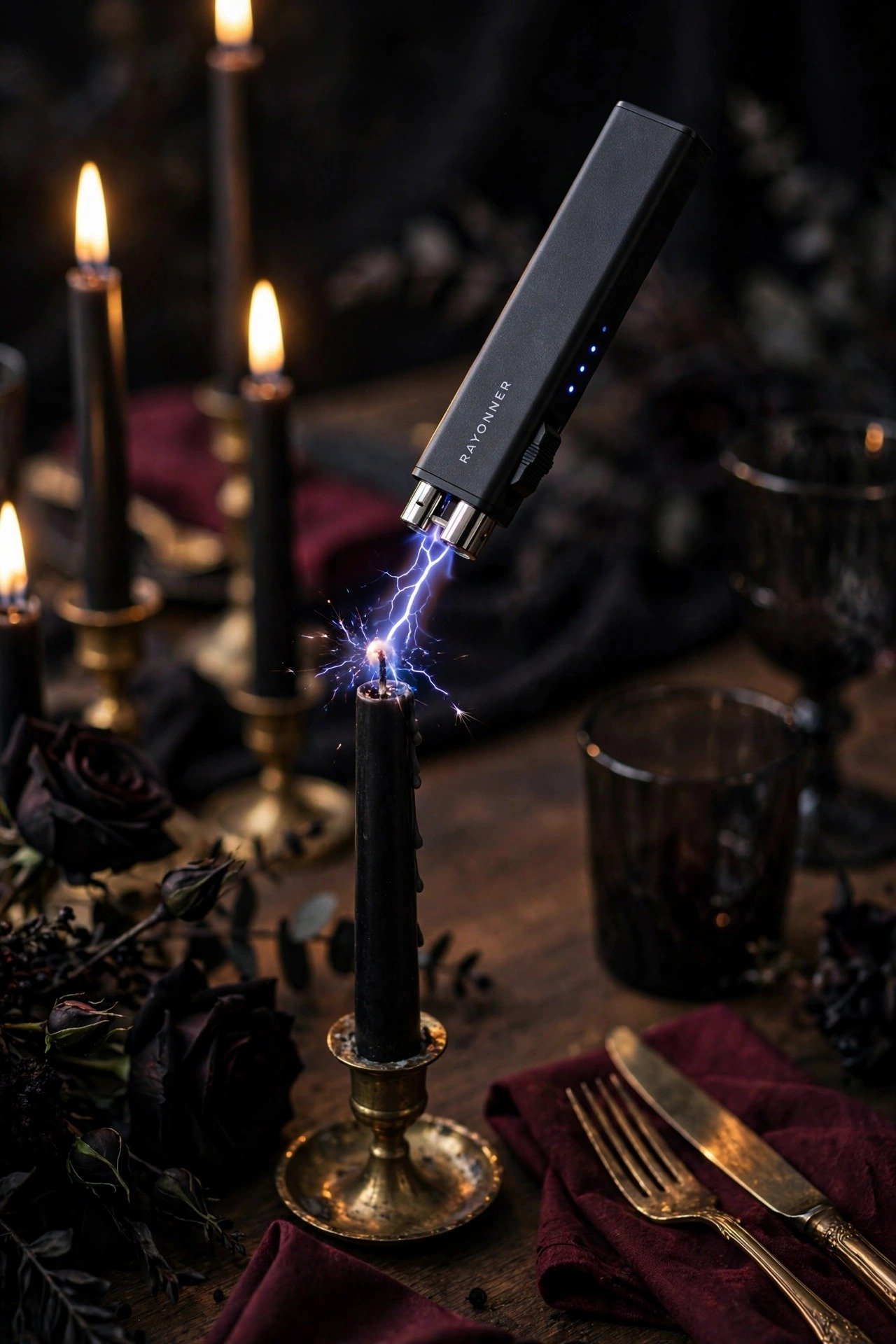 Electric arc lighter lighting black taper candles on a gothic Halloween table