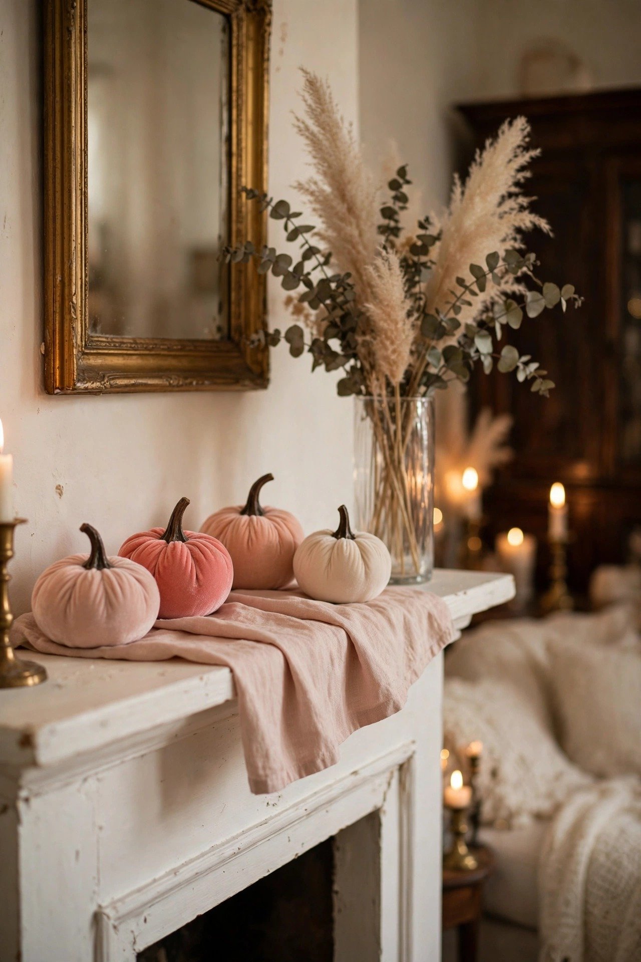 Blush pink velvet pumpkins styled on a white fireplace mantel with pampas grass and eucalyptus