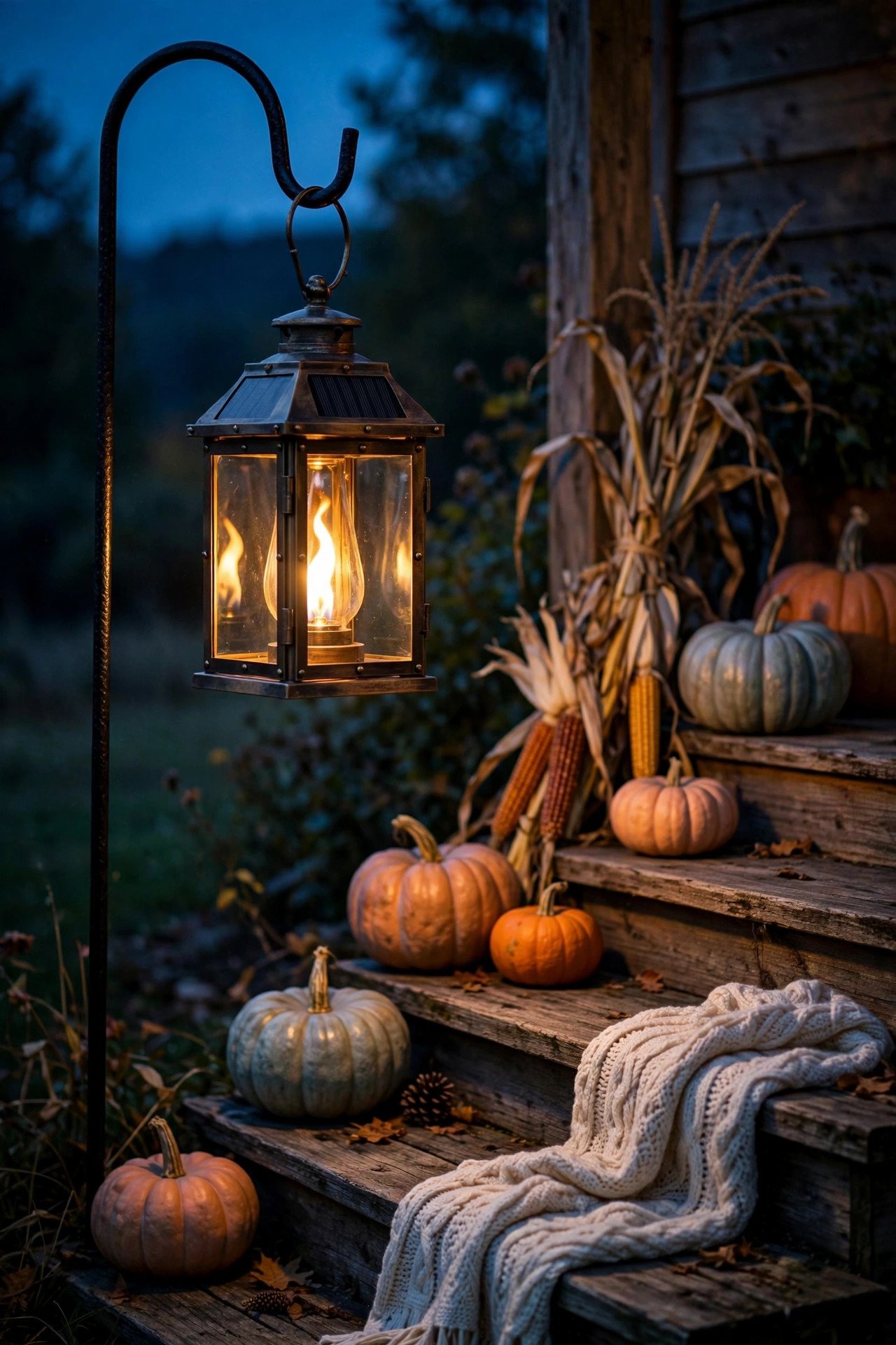 TomCare bronze solar flame lantern hanging on a shepherd's hook beside fall porch steps with pumpkins and mums at dusk