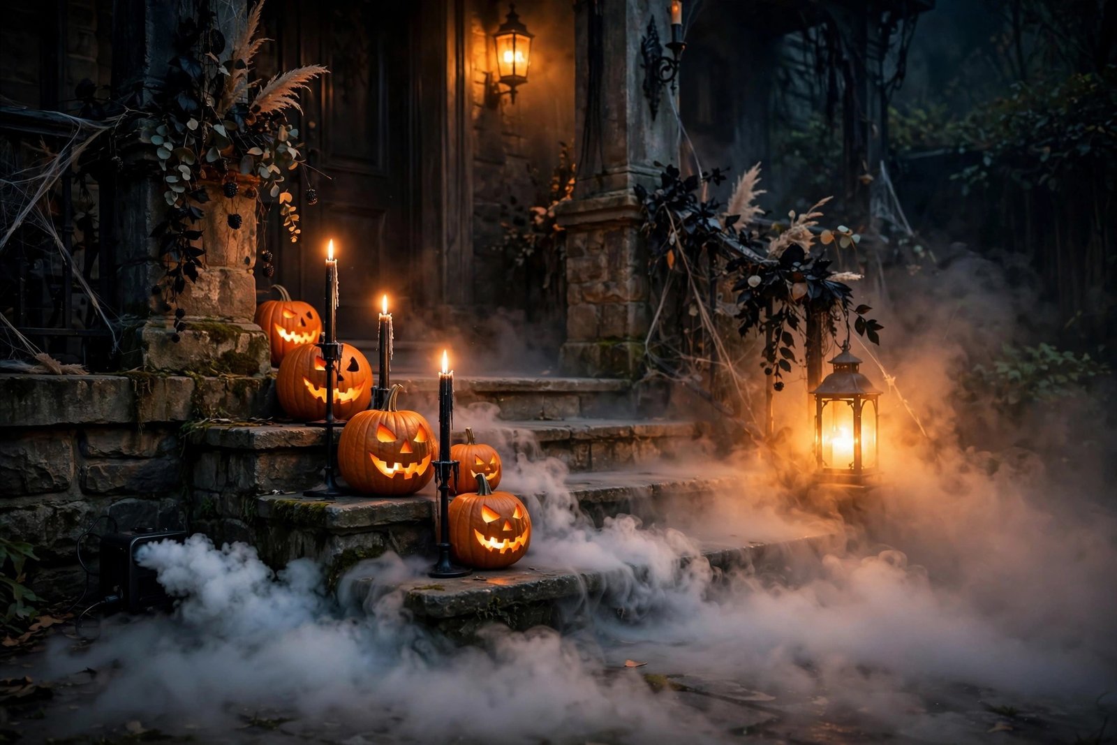 Fog rolling across a Halloween porch with jack-o-lanterns and black taper candles at night