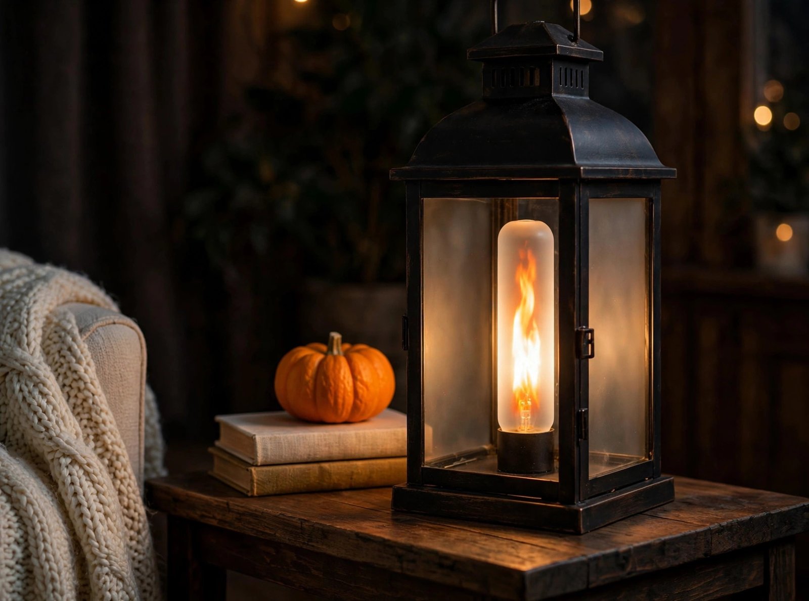 Black table lantern glowing with a Bitrue flame effect bulb beside a pumpkin and books