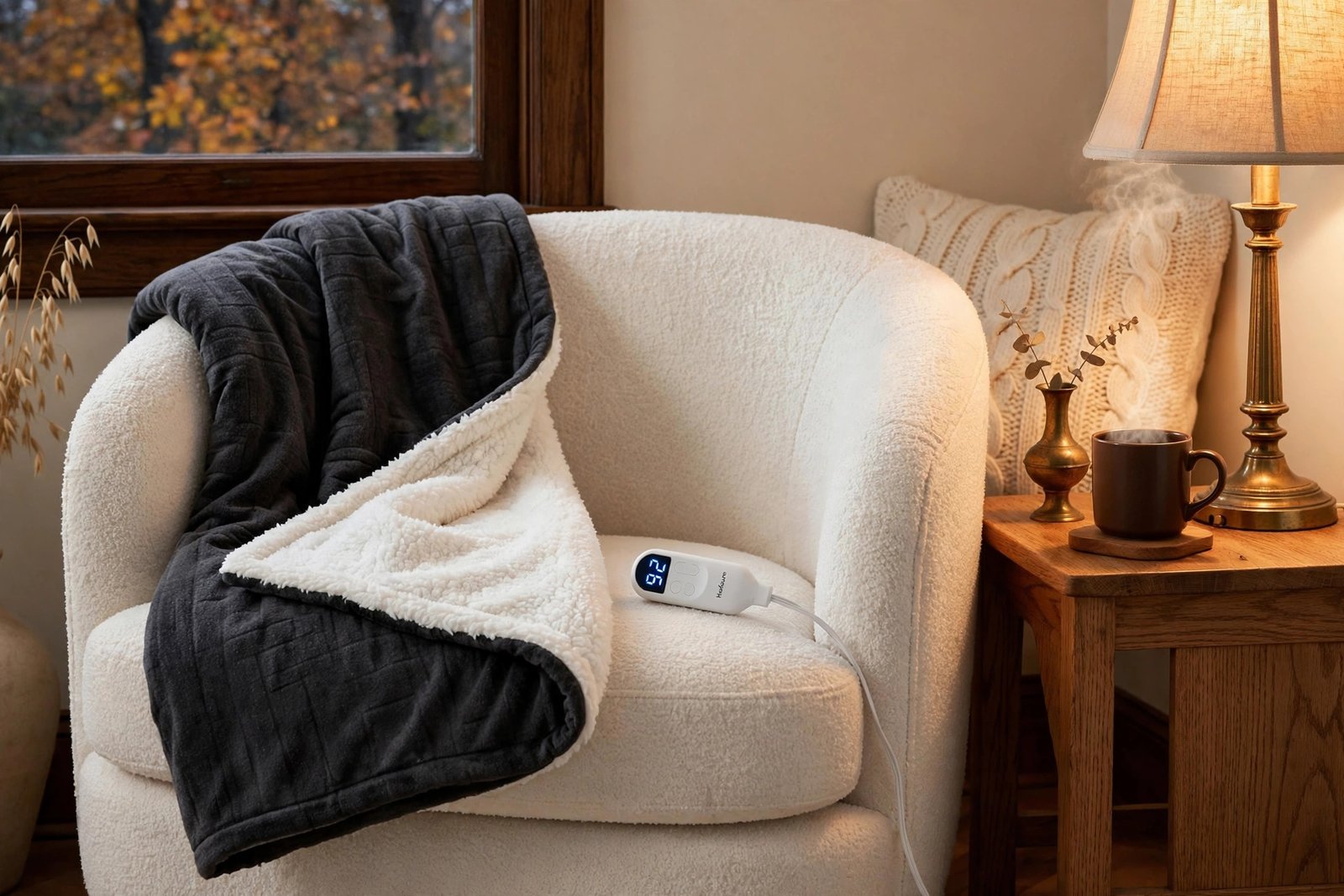 Dark grey heated throw blanket draped over an ivory armchair in a cozy fall living room corner