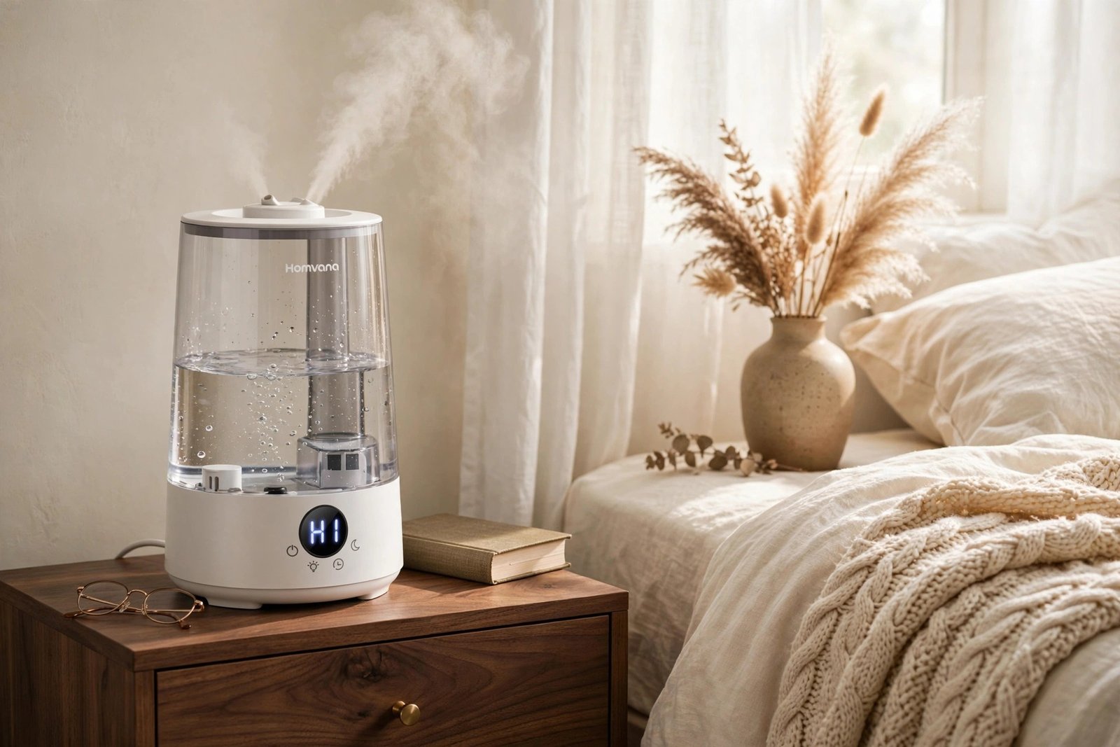 Homvana H101 humidifier releasing cool mist on a walnut nightstand beside a styled cozy fall bed