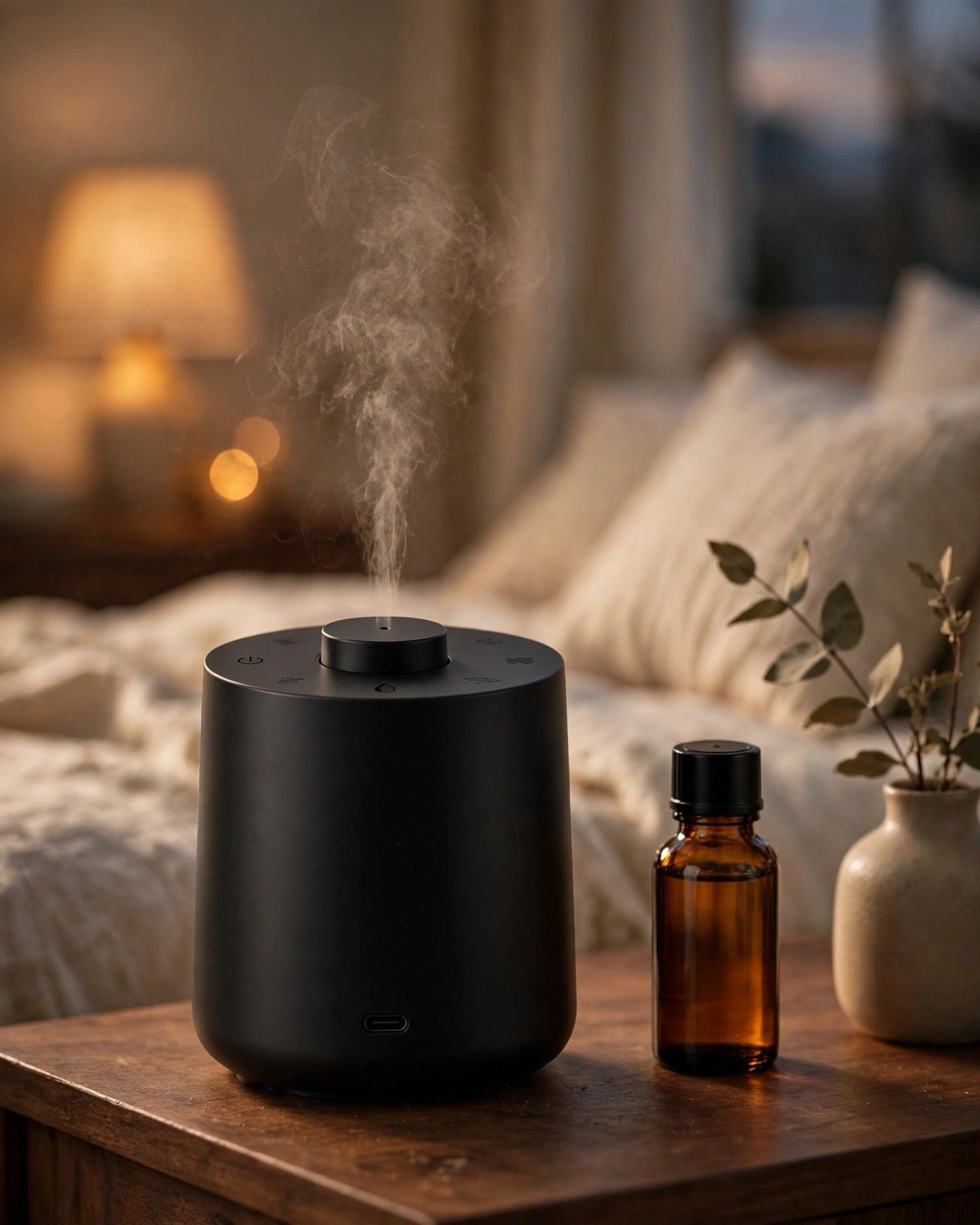 Airversa waterless diffuser on a walnut nightstand beside an amber essential oil bottle in a cozy bedroom