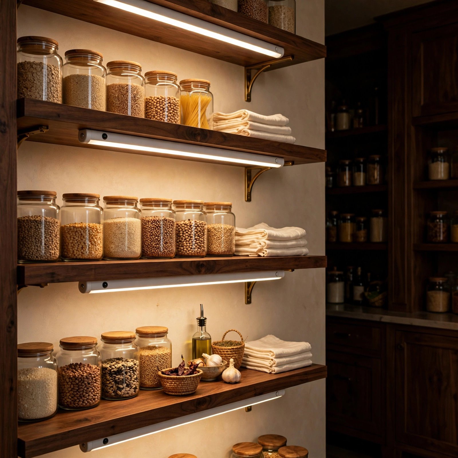 Wireless LED light bars under pantry shelves casting warm glow on glass jars