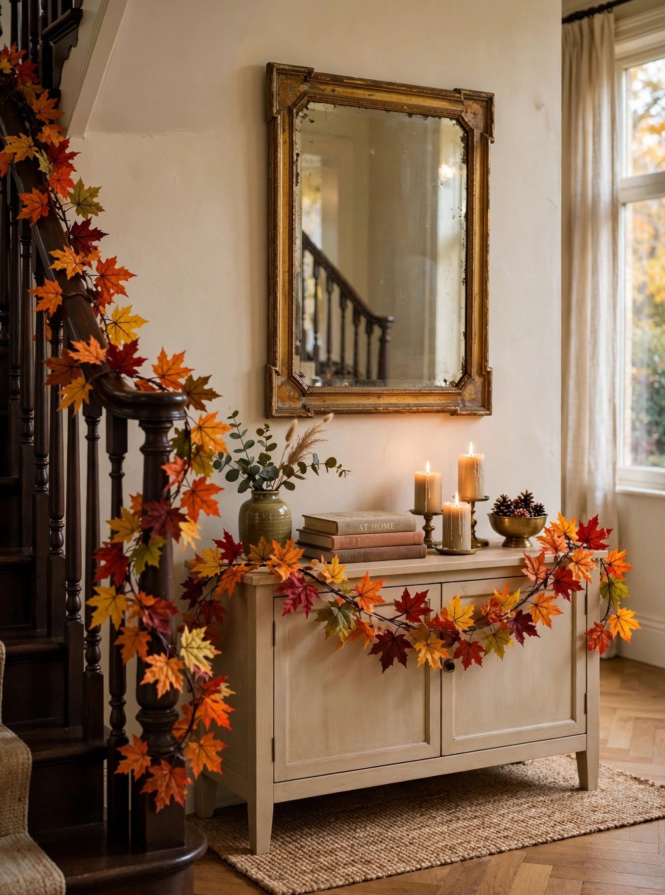 DearHouse maple leaf fall garland on staircase banister and entryway console