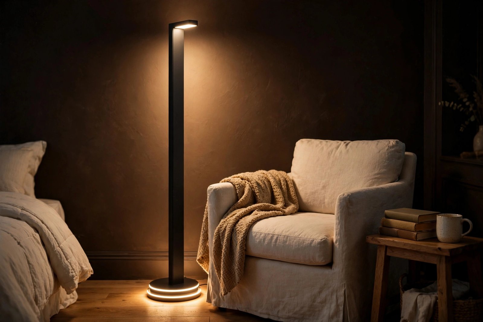 Cozy bedroom reading corner with smart floor lamp and warm lighting for fall evenings