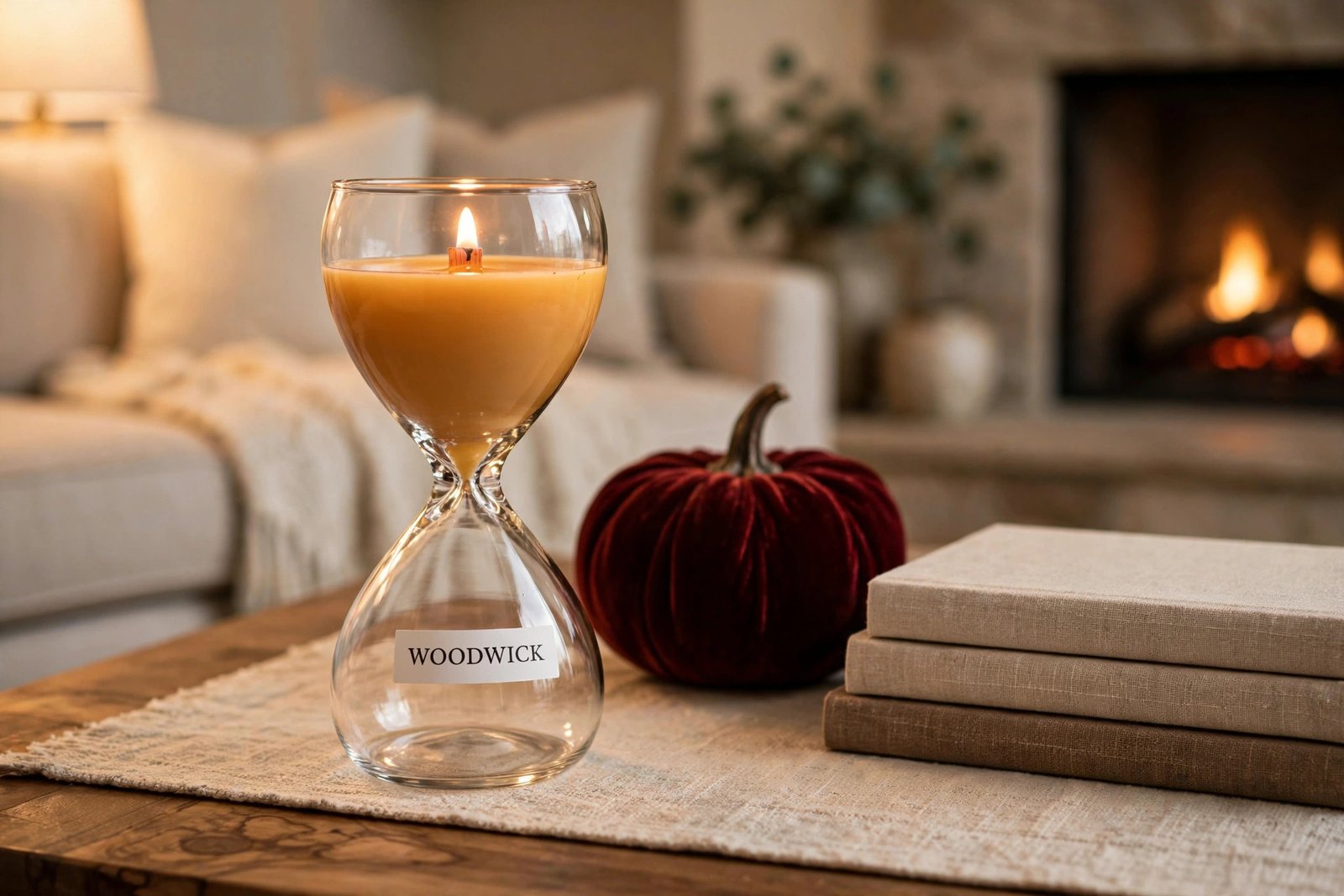 WoodWick Fireside hourglass candle styled on a coffee table with a burgundy velvet pumpkin and linen books
