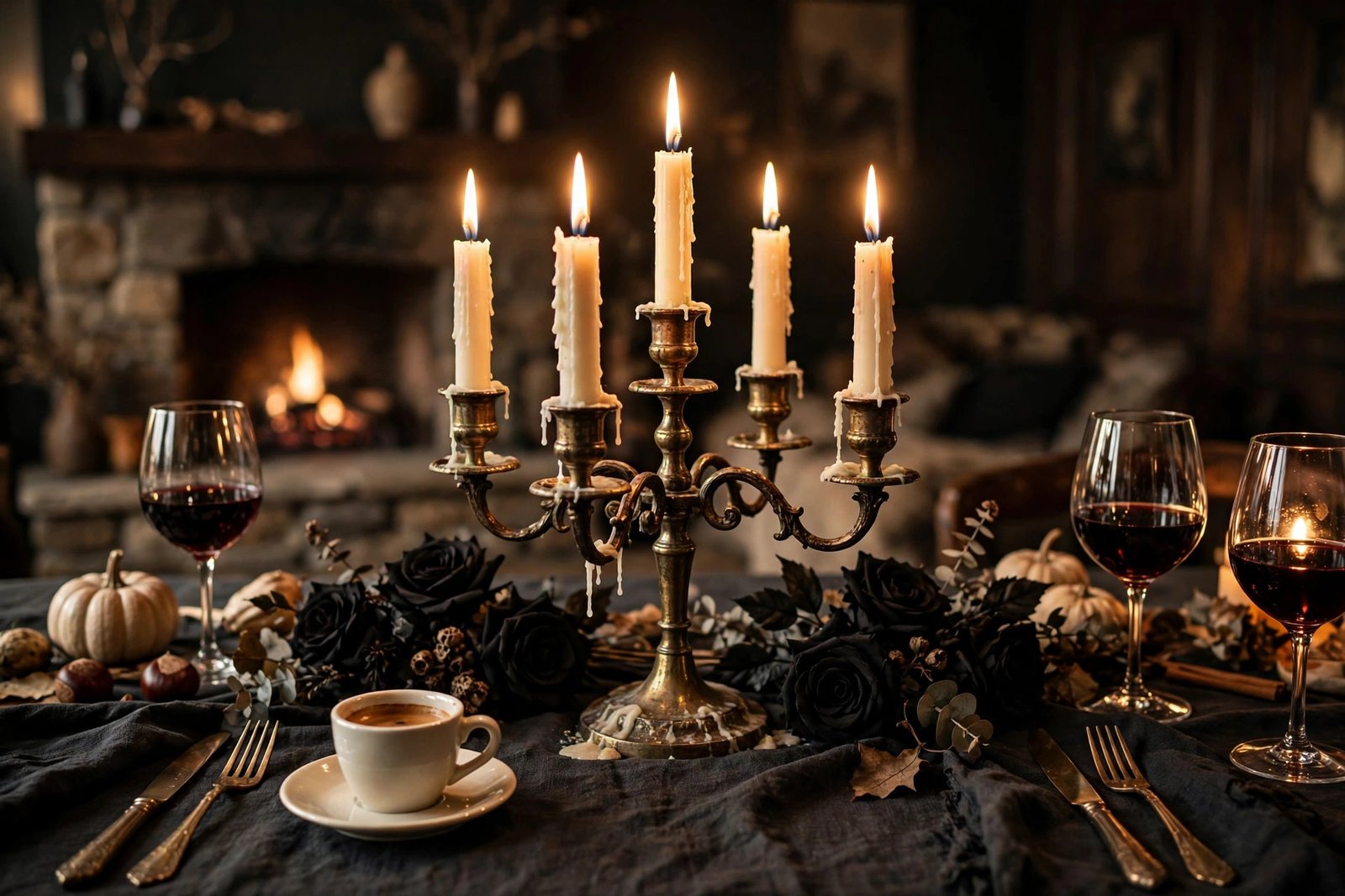 Perfnique iron candelabra as a gothic Halloween dining table centerpiece