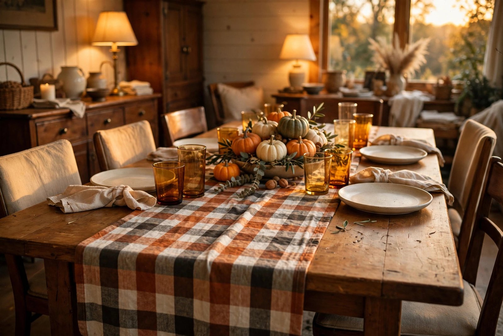 DII Give Thanks plaid table runner on a wooden dining table dressed for Thanksgiving, with cream plates, amber glasses and a bowl of mini pumpkins