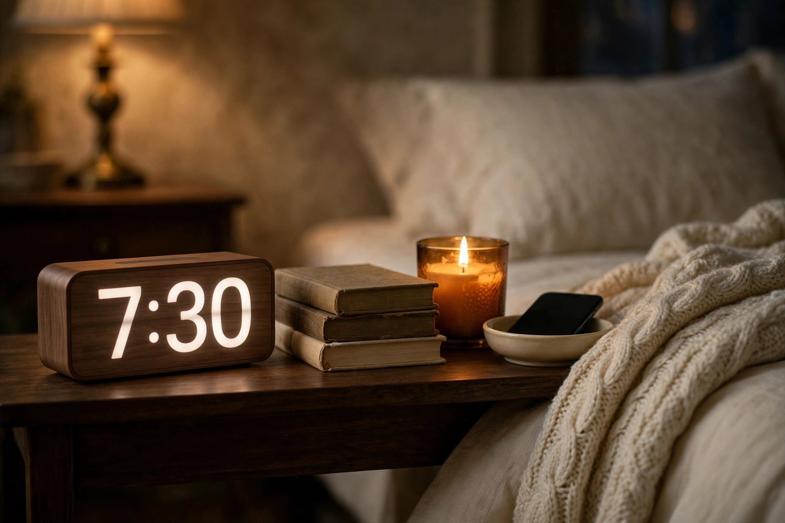 DreamSky wooden digital alarm clock styled on a nightstand with books, a candle and a knit throw
