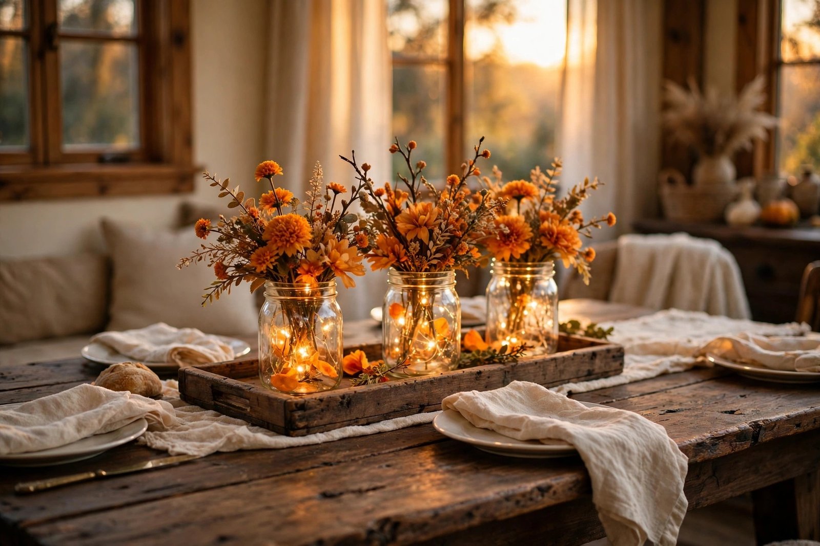 DUOER mason jar centerpiece with wood tray styled on a Thanksgiving dining table