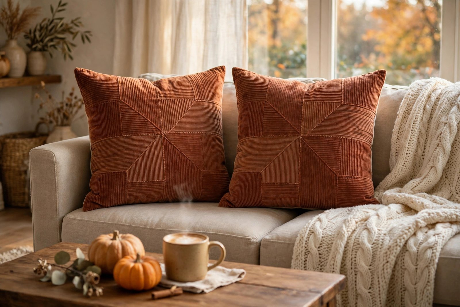 Fancy Homi rust corduroy patchwork pillow covers on a cozy fall sofa with a knit throw