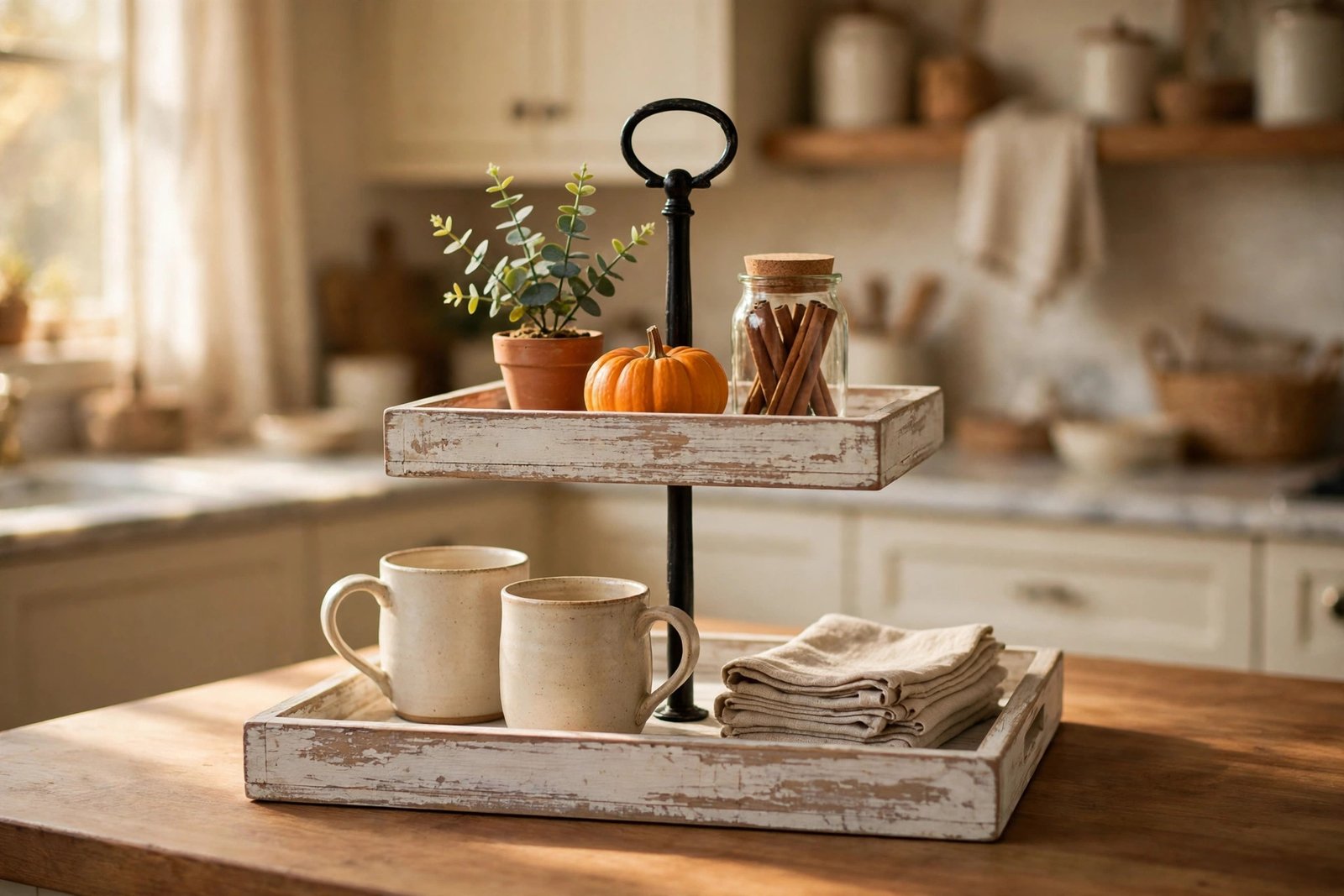 HAPOO tiered tray styled as a fall coffee bar with ceramic mugs, linen napkins, a mini pumpkin and cinnamon sticks