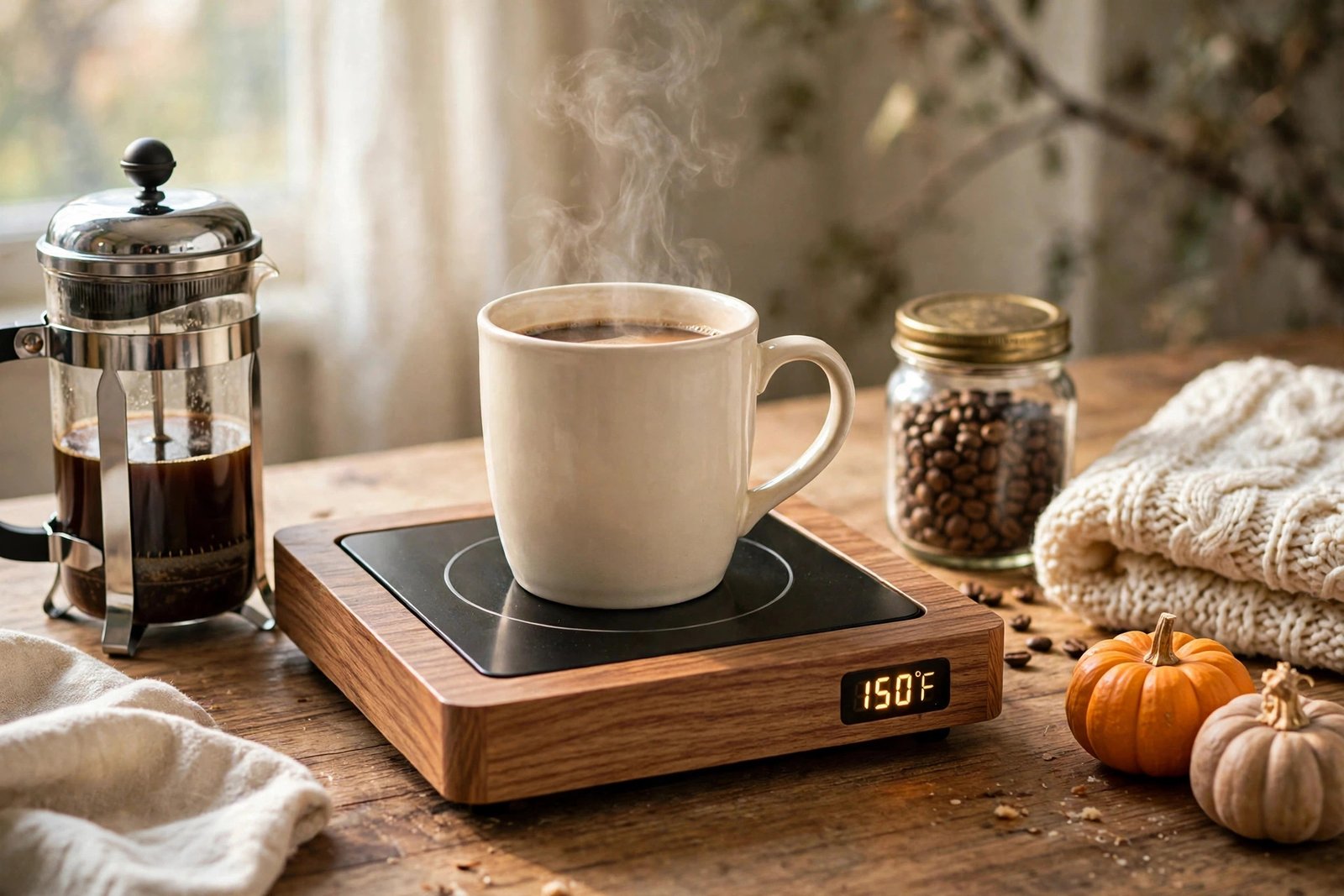 House Gem wooden mug warmer styled in a cozy fall coffee corner with a French press, coffee beans and small pumpkins
