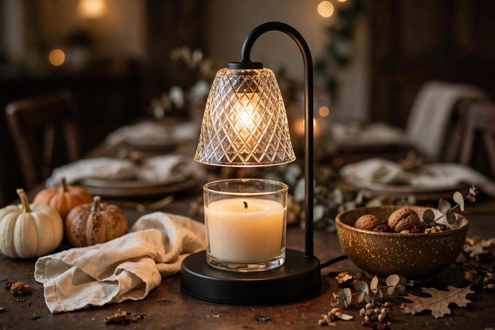 Innqoo candle warmer lamp glowing on a Thanksgiving table with pumpkins and linen
