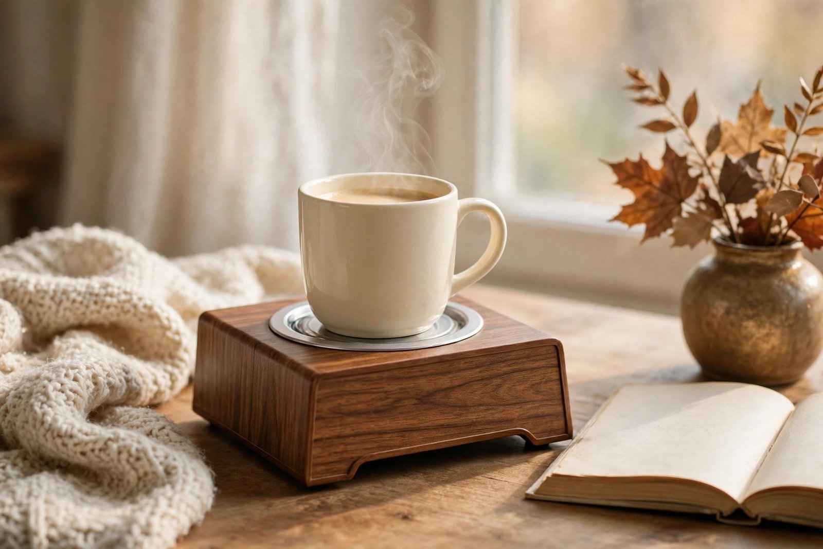 CEROBEAR mug warmer on a cozy desk with a steaming cream mug, knit throw and autumn leaves