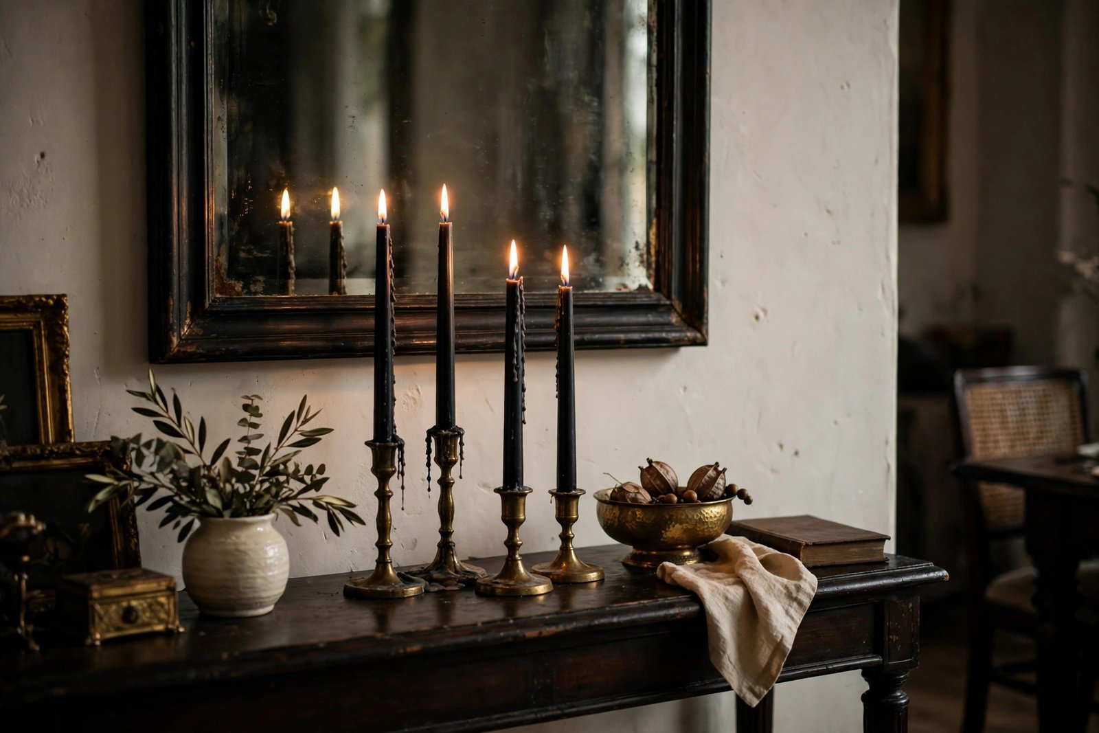 Black taper candles lit in brass holders on a styled console, warm evening light