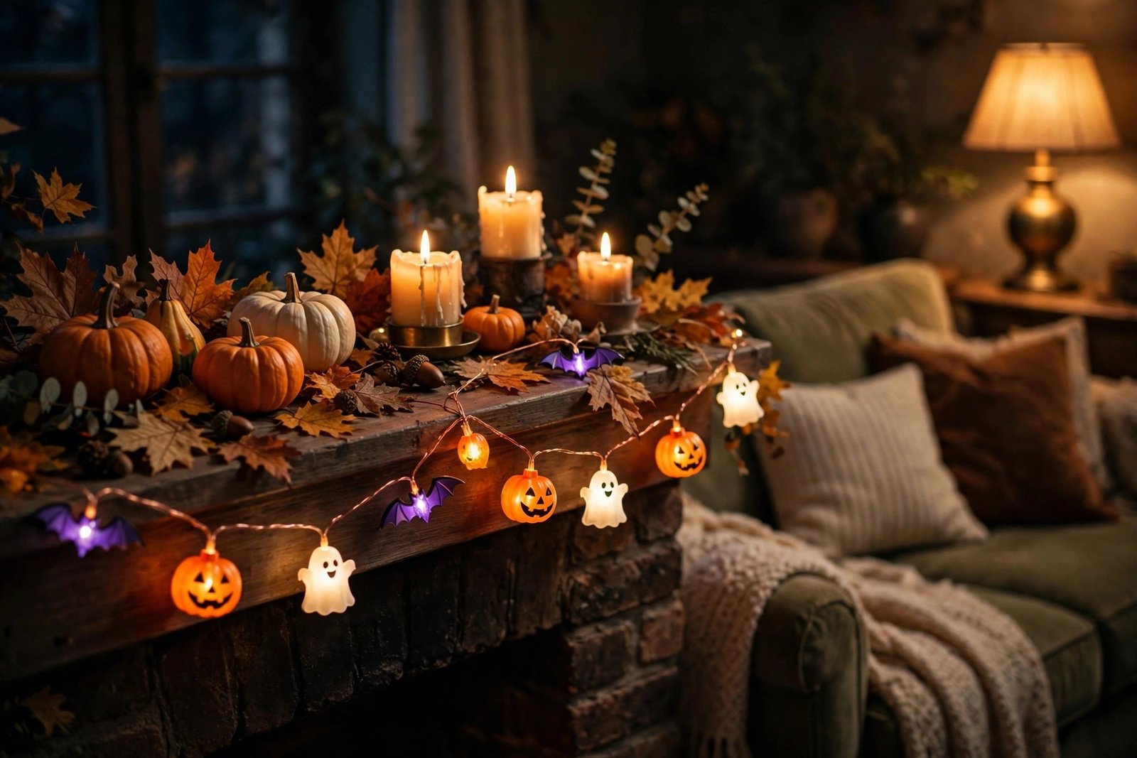 Zimati pumpkin bat ghost string lights draped along a cozy Halloween mantel