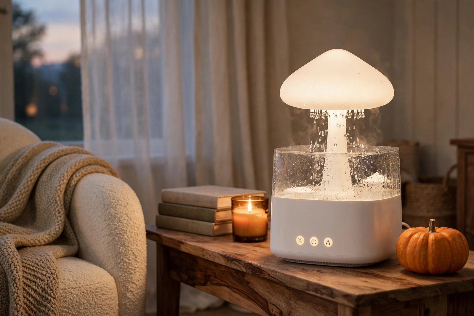 Sminiker rain cloud humidifier glowing on a wooden console table beside books, a candle and a pumpkin in a cozy living room