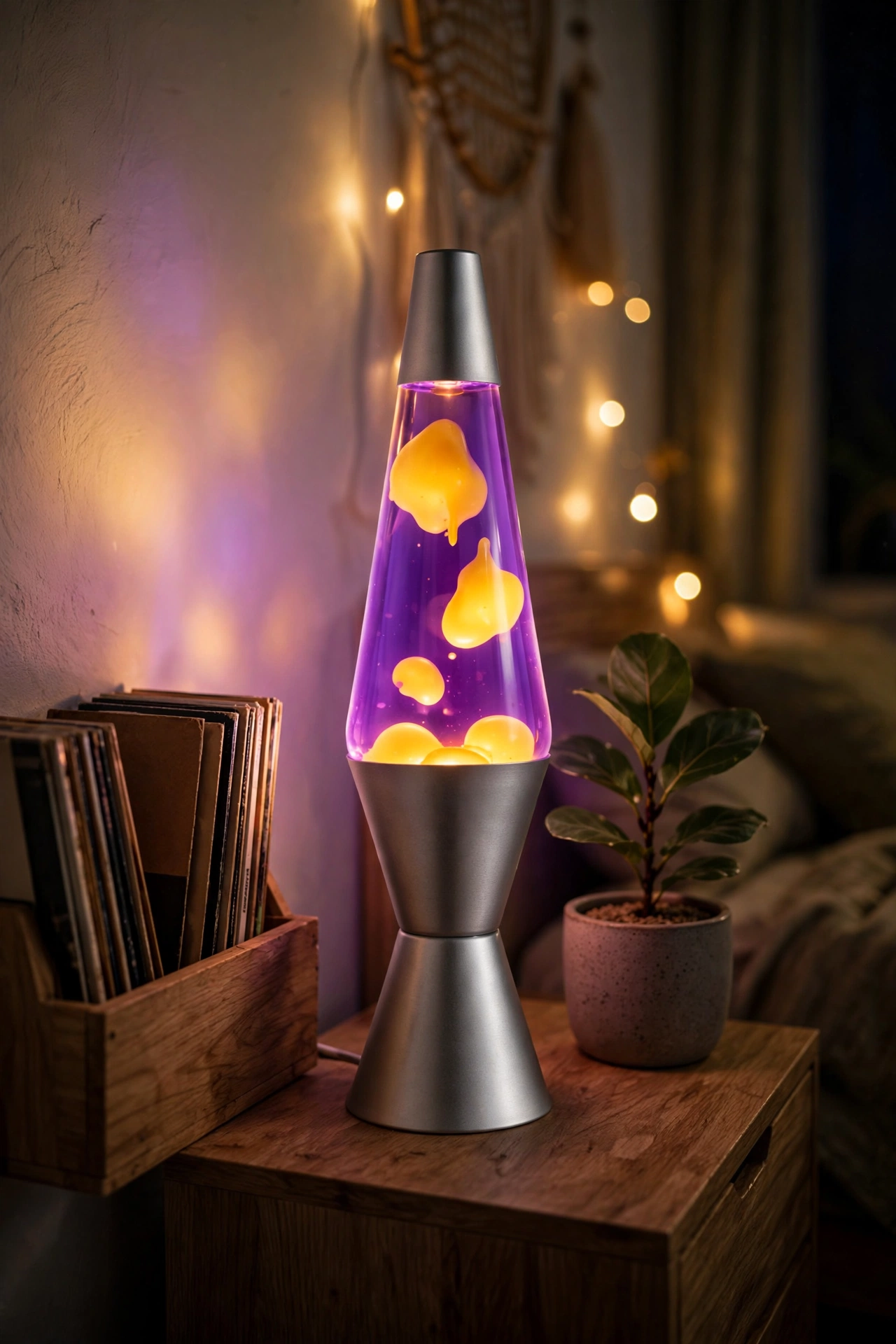 Lava the Original 16.3-inch lamp with yellow wax and purple liquid glowing on a bedroom nightstand
