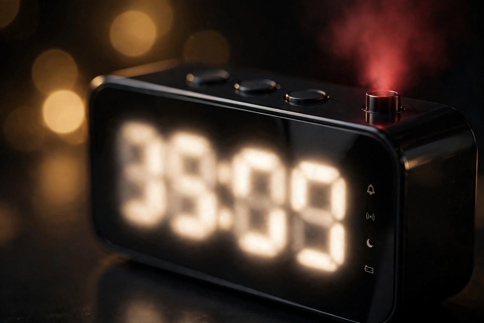 Close-up of the Mesqool projection alarm clock with glowing white LED digits and red projection lens