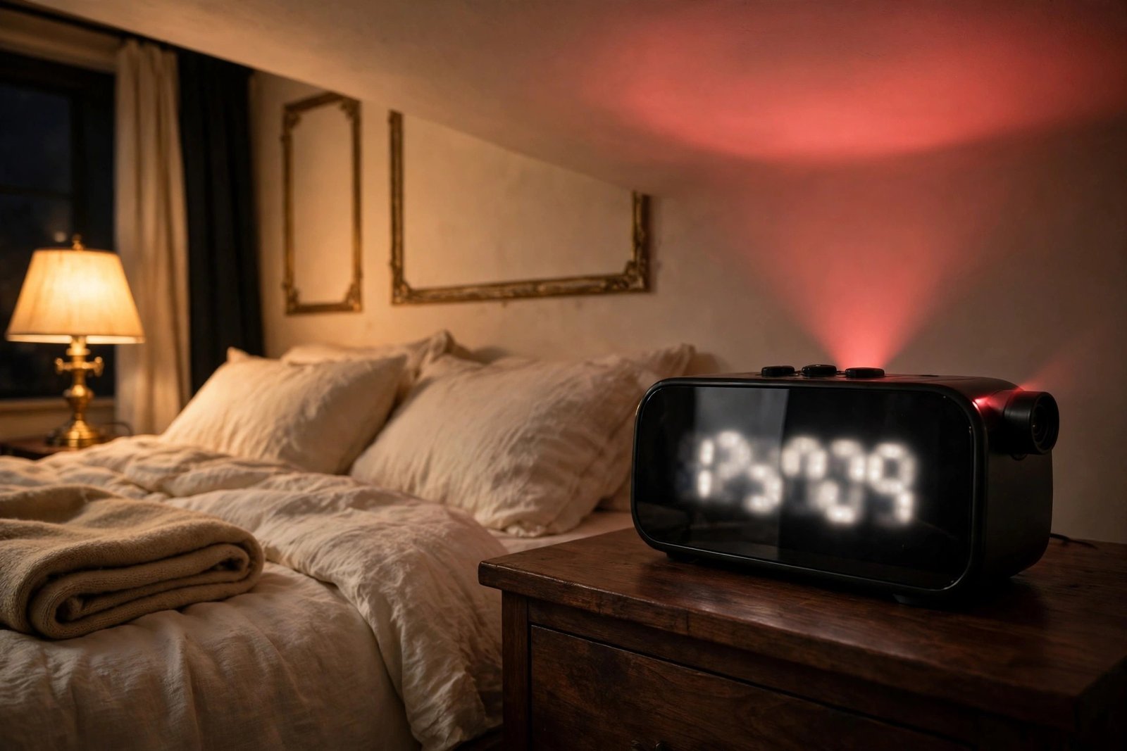 Mesqool projection alarm clock on a walnut nightstand in a cozy bedroom at night, red projection beam casting time glow on the ceiling