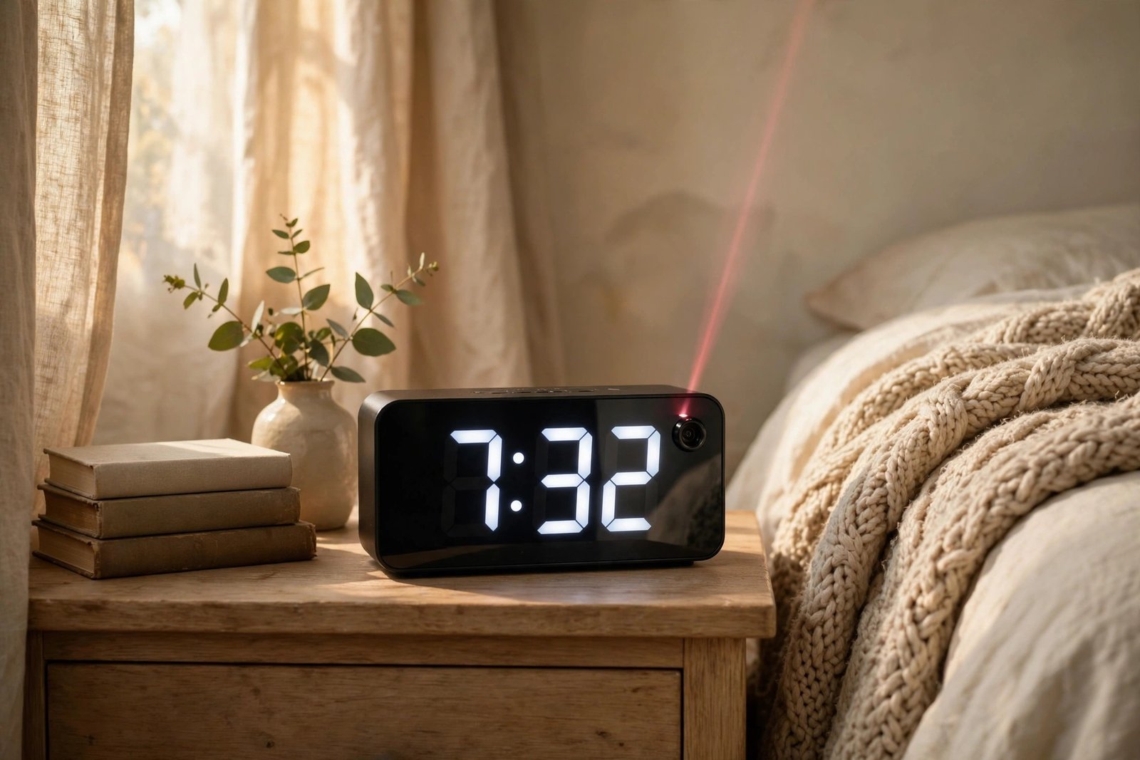 Mesqool projection alarm clock on an oak nightstand in a cozy fall bedroom with books and eucalyptus