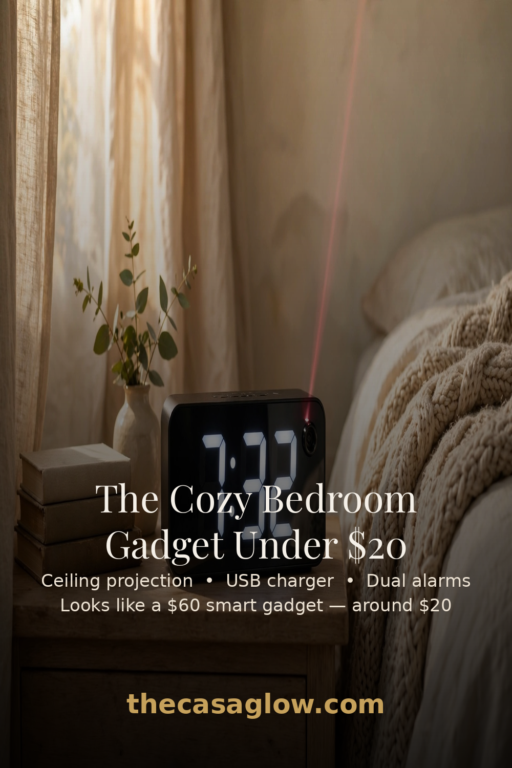 Pinterest pin: the cozy bedroom gadget under $20 — ceiling projection, USB charger, dual alarms