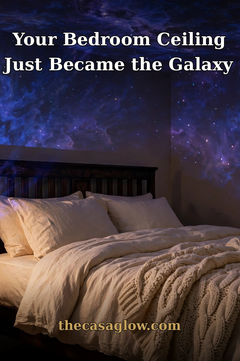 Cozy fall bedroom with ceiling washed in galaxy nebula projection, headline overlay reading Your Bedroom Ceiling Just Became the Galaxy