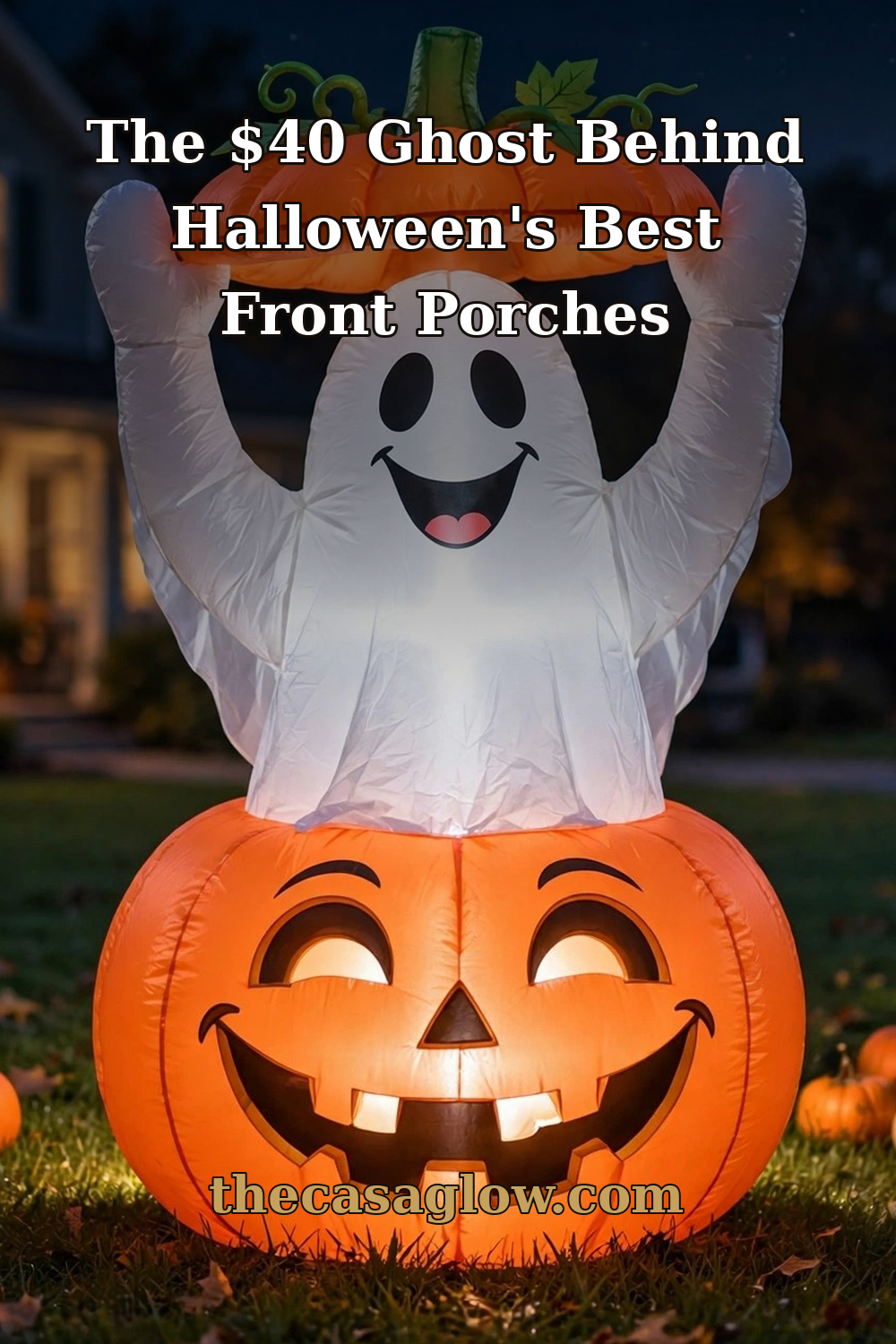 Glowing inflatable ghost in pumpkin on a Halloween front lawn at night